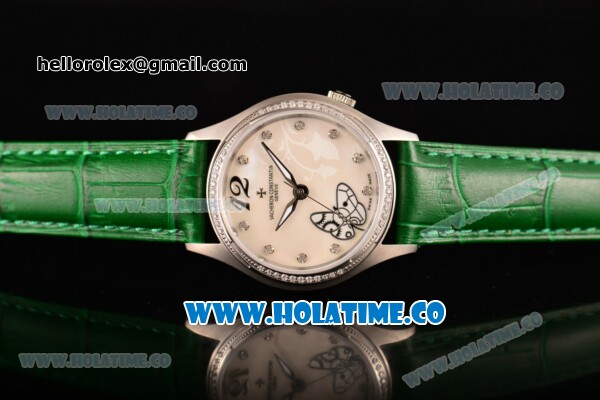 Vacheron Constantin Metiers d'Art Swiss ETA 2824 Automatic Steel Case with White MOP Dial Green Leather Strap and Diamonds Bezel - Click Image to Close